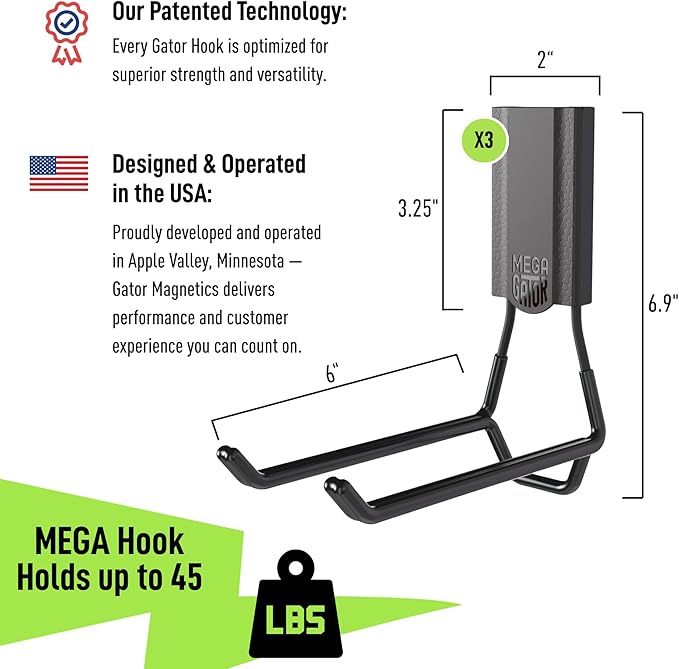 GATOR MAGNETICS MEGA 6 in Open Hooks, 45 lb Heavy Duty Magnetic Hooks for Steel Surfaces, Patented Easy-Release, Non-Slip Grip – Storage & Organization, Garage, Home Tools & Gear Storage – 3 Pack