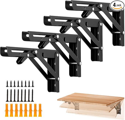 Ravinte 4 Pack 8 Inch Folding Shelf Brackets – Matte Black, Heavy Duty Collapsible Brackets for Tables and Benches – Space-Saving Design