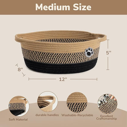 Dog Storage Bin, Baby Basket for Gifting, Wicker Storage Baskets for Dog, Cute Basket with Handles, Small Woven Baskets for Nursery 12"x 8" x 5" Black-Brown