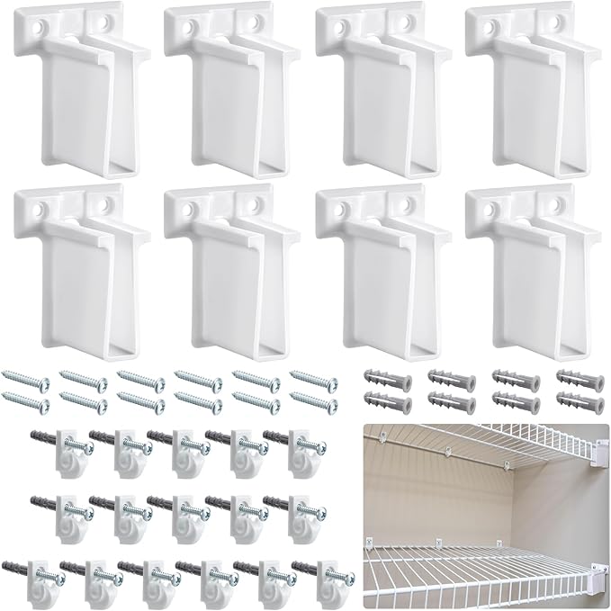 Yousoontic 24 Pcs White Down Wall Clips and Wire Shelf End Bracket Set Include 16 Plastic Closet Shelves Clips 8 Corner Support Bracket Replacement Wire Accessories with Screws