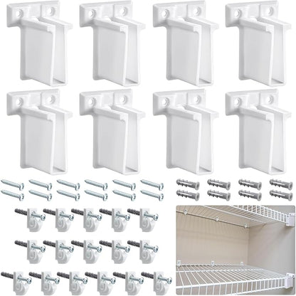 Yousoontic 24 Pcs White Down Wall Clips and Wire Shelf End Bracket Set Include 16 Plastic Closet Shelves Clips 8 Corner Support Bracket Replacement Wire Accessories with Screws
