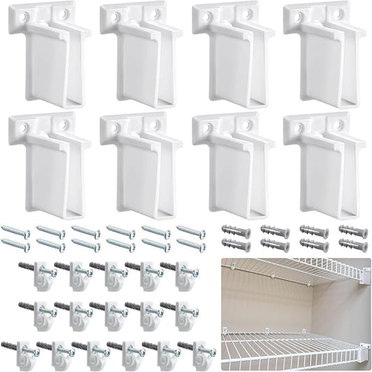Yousoontic 24 Pcs White Down Wall Clips and Wire Shelf End Bracket Set Include 16 Plastic Closet Shelves Clips 8 Corner Support Bracket Replacement Wire Accessories with Screws