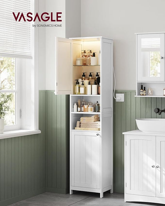 VASAGLE Tall Bathroom Cabinet with Lights, Slim Freestanding Bathroom Storage Cabinet with Adjustable Shelves, for Small Spaces, Modern, 15.7 Inches Wide, Cloud White UBBC766W02