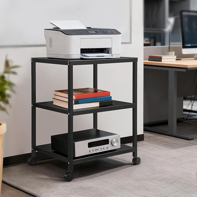 3-Tier Under Desk Printer Stand, 30-Inch Deep Large Printer Table with Height-Adjustable Shelf & 4 Lockable Wheels, Space-Saving Organizer for Home & Office