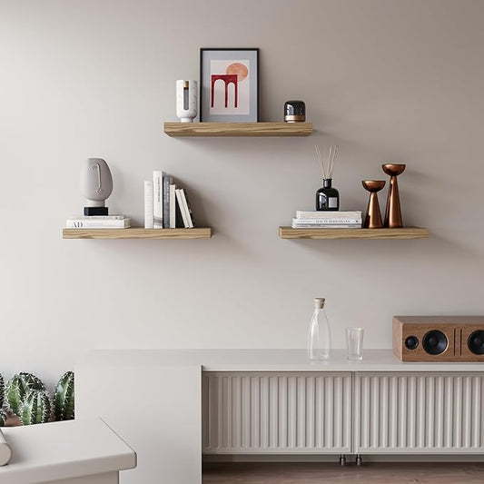 Floating Shelves for Wall Set of 3, 16" Light Brown Wood Wall Shelves for Home Decor, Frame Display Floating Shelf for Living Room, Bedroom, Bathroom, Kitchen
