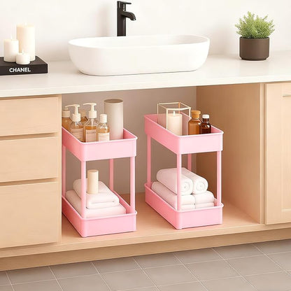 ShellKingdom 4 Tier Bathroom Storage Organizer, Slim Rolling Storage Cart for Narrow Space, Mobile Shelving Unit with Lockable Wheels and Hooks for Bathroom, Kitchen, Laundry Movable Shelf (Pink)