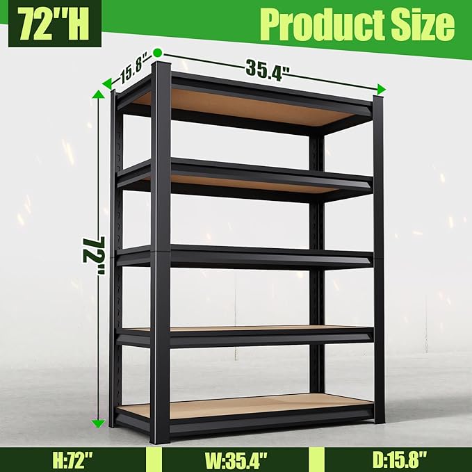 Garage Shelving,Heavy Duty Garage Storage Shelves,Metal Shelving Unit,5 Tier Adjustable Steel Utility Shelf,Use for Basement,Warehouse, Pantry Closet,Black (72" H*36" W*15.9" D)