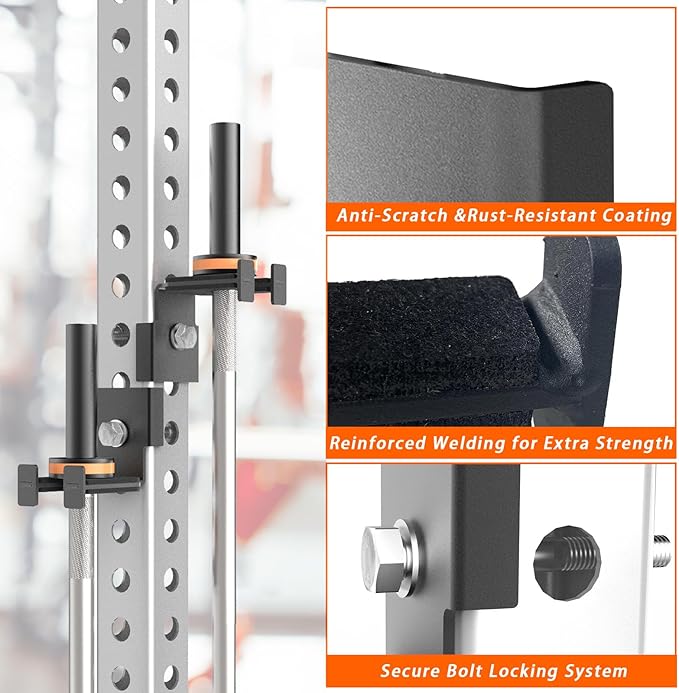 Heavy-Duty Steel Barbell Holder for 3x3 Inch Power Racksb No Drilling Required Fits 5/8’‘-1’’ Holes with Protective Rubber Padding Space-Saving Gym Storage Rack Secure Organizer for Olympic Bars