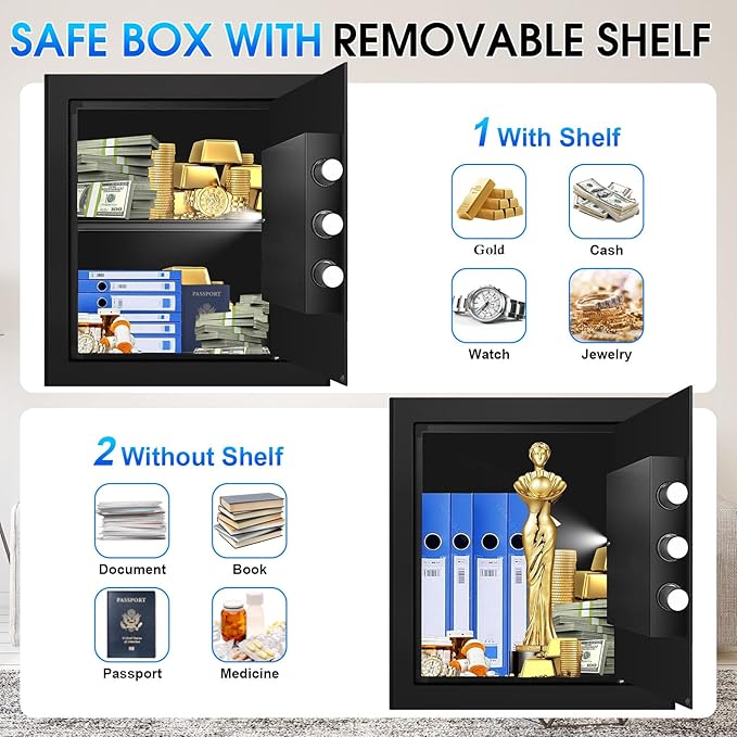 2.3 Cuft Fire Proof Safe for Home Documents Use, Small Home Safes Water and Fireproof with Digital Keypad and Spare Key, Removable Shelf, Steel Personal Fireproof Safety Box for Documents Cash, Money