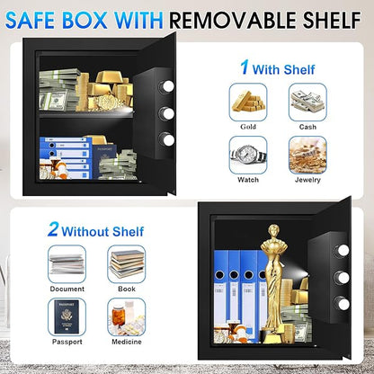 2.3 Cuft Fire Proof Safe for Home Documents Use, Small Home Safes Water and Fireproof with Digital Keypad and Spare Key, Removable Shelf, Steel Personal Fireproof Safety Box for Documents Cash, Money