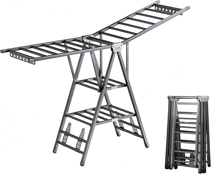 Heavy Duty Clothes Drying Rack Foldable - 71" Large Clothes Airer with Wheels, Extra-Thick Metal Laundry Dryer Stand, Free-Standing Design for Indoor & Outdoor Use
