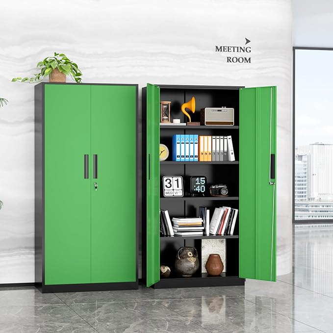 SUNCROWN 72" Metal Storage Cabinet - Heavy-Duty Metal Garage Cabinet with 4 Adjustable Shelves & 2 Doors for Tools, Office, Home, Workshop,Black & Green-Small
