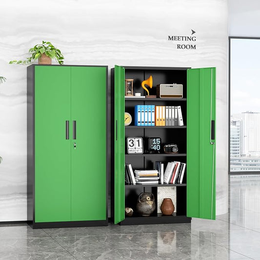 SUNCROWN 72" Metal Storage Cabinet - Heavy-Duty Metal Garage Cabinet with 4 Adjustable Shelves & 2 Doors for Tools, Office, Home, Workshop,Black & Green-Small