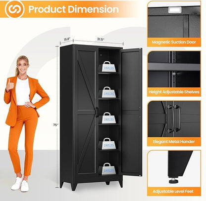 Metal Black Storage Cabinet with 2 Doors and 4 Adjustable Shelves, 75" Tall Kitchen Pantry cabinets, Farmhouse Food Pantry Cabinet,5 Tier Freestanding Barn Door Cupboard for Kitchen Dining/Living Room
