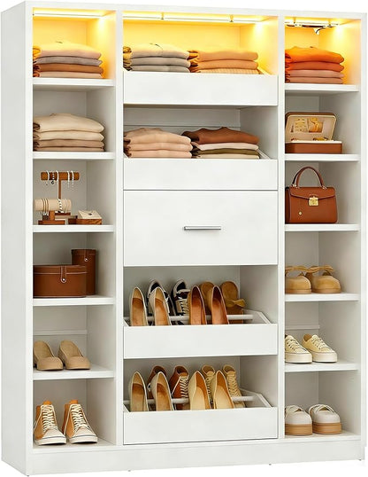 40" Closet System with LED Lights, Wooden Closet Organizer System with 5 Drawers & 12 Shelves, Versatile Closet Storage Tower for Walk-in Closets, Shoe Rack and Handbag Storage Cabinet, White