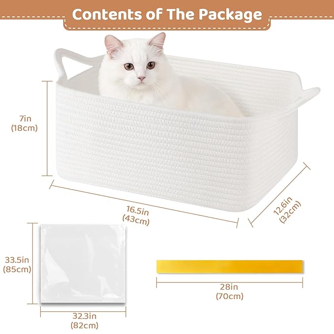 Large Empty Gift Baskets for Baby Shower, 16.5" L x 12.6" W x 7" H Cute Woven Storage Basket with Gift Bags and Ribbons, Small Rope Toy Basket with Handles, Cat Dog Pet Toy Organizer - White