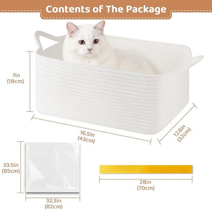 Large Empty Gift Baskets for Baby Shower, 16.5" L x 12.6" W x 7" H Cute Woven Storage Basket with Gift Bags and Ribbons, Small Rope Toy Basket with Handles, Cat Dog Pet Toy Organizer - White