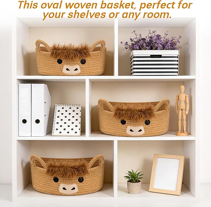 3 Pcs Oval Highland Cute Cow Basket for Nursery, Small Woven Rope Gift Basket, Soft Cotton Decorative Storage for Gifts Empty, Baby Shower Blanket 0rganizer Shelves Towel Bins, 12" D x 5" H