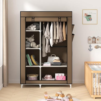 Calmootey Portable Closet Organizers, Clothing Storage, Wardrobe with 6 Shelves and Hanging Rod, Non-Woven Fabric Cover with 4 Side Pockets, Brown