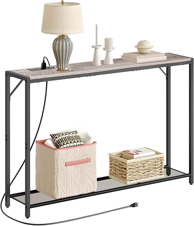 Sofa Table with Power Outlet, 43.7" Console Table with USB Ports, Behind Couch Table, Entryway Table for Living Room, Entryway, Foyer, Metal Frame, Adjustable Feet, Greige CTHG11E01Z1N1