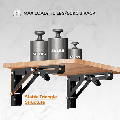 Ravinte 4 Pack 8 Inch Folding Shelf Brackets – Matte Black, Heavy Duty Collapsible Brackets for Tables and Benches – Space-Saving Design