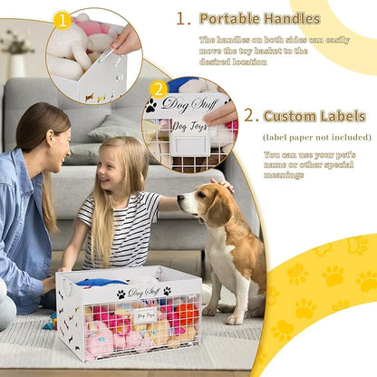 Dog Toy Basket - Large Dog Toy Box with Handles and Label Position Design for Living Room, Metal Dog Toy Bin Storage for Dogs Chew Pets Toys, Blankets, Clothes, Food (White)