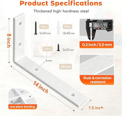 WINKER Shelf Bracket 6 Pack 14" Lx8 Hx1.5 W 5mm Thick Heavy Duty White 14 Inch Metal Iron L Brackets for Wall Shelves
