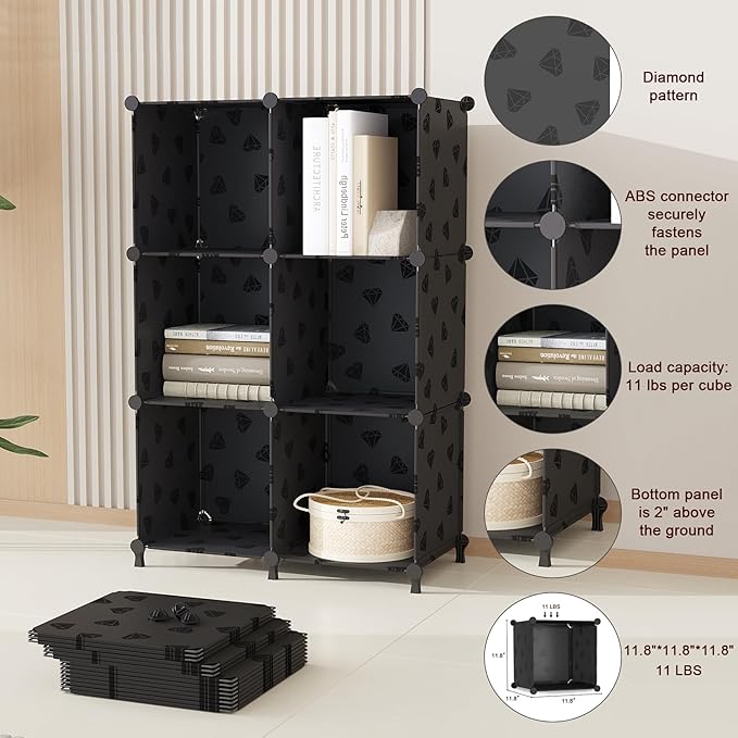UNKU Cube Storage Organizer, 6 Cube Closet Organizer Storage Shelves, DIY Stackable Bookcase, Clothes Organizer Shelf for Closet, Bedroom, Living Room, Cabinet, Home, Office, Black