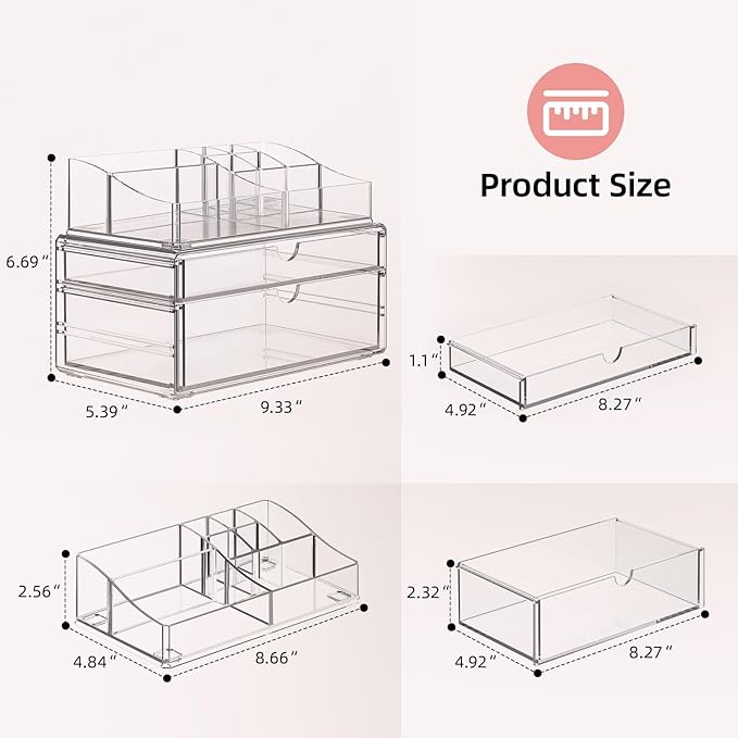Delamu 3-Tier Clear Makeup Organizer with Drawer, Acrylic Cosmetic Display Case for Makeup Vanity Bathroom Counter Organizers and Storage, Stackable Vanity Organizer for Brushes Lipsticks Skincare