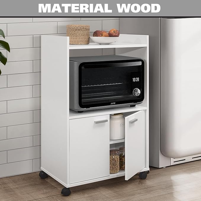 Kings Brand Furniture Ayla Microwave Cabinet with Storage and Upper Shelf for Kitchen Appliances - 2 Door Cabinet Kitchen Storage Cart - Wood Kitchen Cart with Lockable Castors Wheels - White