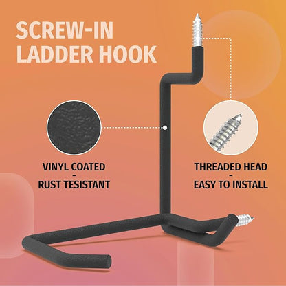 HUHOLE Heavy Duty Ladder Hooks for Garage Wall (4 Pack) – Screw-in Utility Hangers with Vinyl Coating – 5.7 Inch Wall Mount Storage Brackets for Hanging Ladders, Chairs