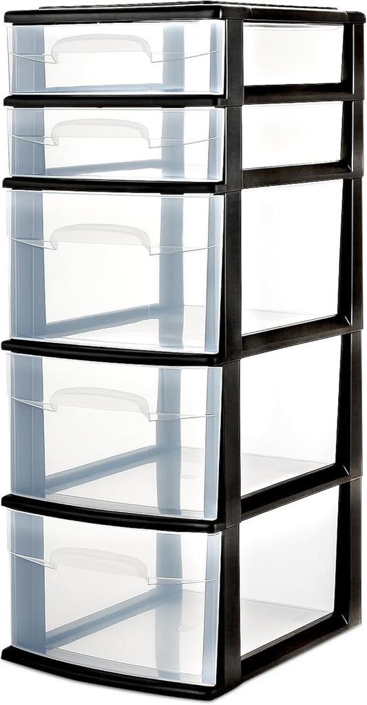 HOMZ Drawer Tower, 5-Tier Clear Plastic Storage Organizer Unit, Black Frame - Multi-Purpose Container Drawers for Bedroom, Bathroom, and Office Organization