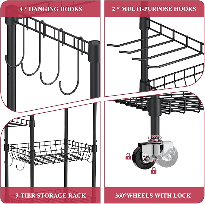 VOPEAK Home Gym Storage Rack with Wheels, Yoga Mat Storage Organizer for Kettlebells, Dumbbells, Resistance Bands, Space Saving 3-Tier Weight Rack for Home Gym, Garage, Easy to Install