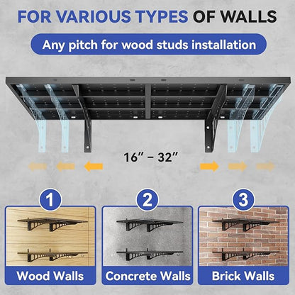 2-Pack 2 * 3ft Heavy Duty Garage Wall Shelving, 500 lbs Load Capacity, Garage Shelving Wall Mounted,Heavy Duty Garage Storage Shelves with Hooks