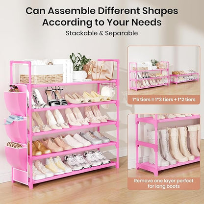 Shoe Rack for Closet Shoe Organizer Space Saver Storage for 20-25 Pair Shoe Shelf with Hook and Side Pocket Free Standing 5 Tier Shoe Rack Organizer for Entryway,Small Spaces, Pink