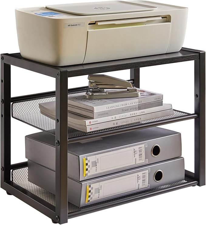 YMYNY Desktop Printer Stand, 3 Tiers Desk Organizer with Adjustable Storage Shelves, Multi-Purpose Printer Shelf for Home Office, Fax Machine, Scanner, Files, Books, Rustic Brown, UHPT001H
