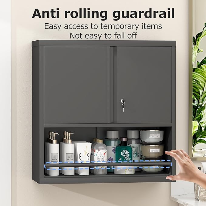 Metal Wall Cabinet, Garage Wall Cabinet with Lock, Wall Mounted Heavy Duty Steel Tool Cabinet with Door and Shelf, Hanging Cabinet for Garage Warehouse Bathroom Kitchen, Black