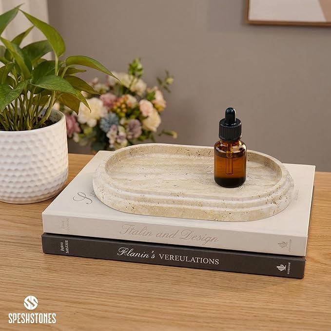 Marble Tray 9.75 Inch Handmade Travertine Bathroom Tray for Countertop Décor - Decorative Trays for Candle, Jewelry & Vanity Accessories