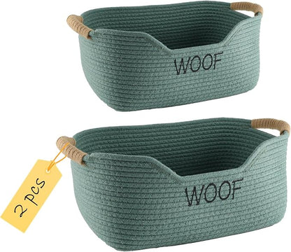 2 Pack Dog Toy Baskets,Pet Rope Basket for Dog Cat Toys,Dog Toy Bin with Handles,Woof Puppy Toy Storage Basket,Puppy Bed,Dog Stuff Organizer for Toys,Collar,Leash,Nursing Supplies-Green