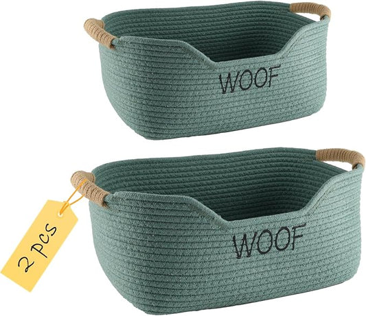 2 Pack Dog Toy Baskets,Pet Rope Basket for Dog Cat Toys,Dog Toy Bin with Handles,Woof Puppy Toy Storage Basket,Puppy Bed,Dog Stuff Organizer for Toys,Collar,Leash,Nursing Supplies-Green