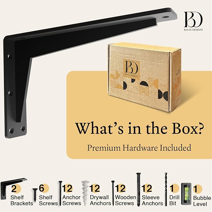 2 Pack Heavy Duty Shelf Brackets 12 Inch Mantel Decorative L Bracket for Shelves, Metal Shelf Support Bracket, Wall Mounted Granite Countertop Iron Corbels, Floating Black Shelving Brackets