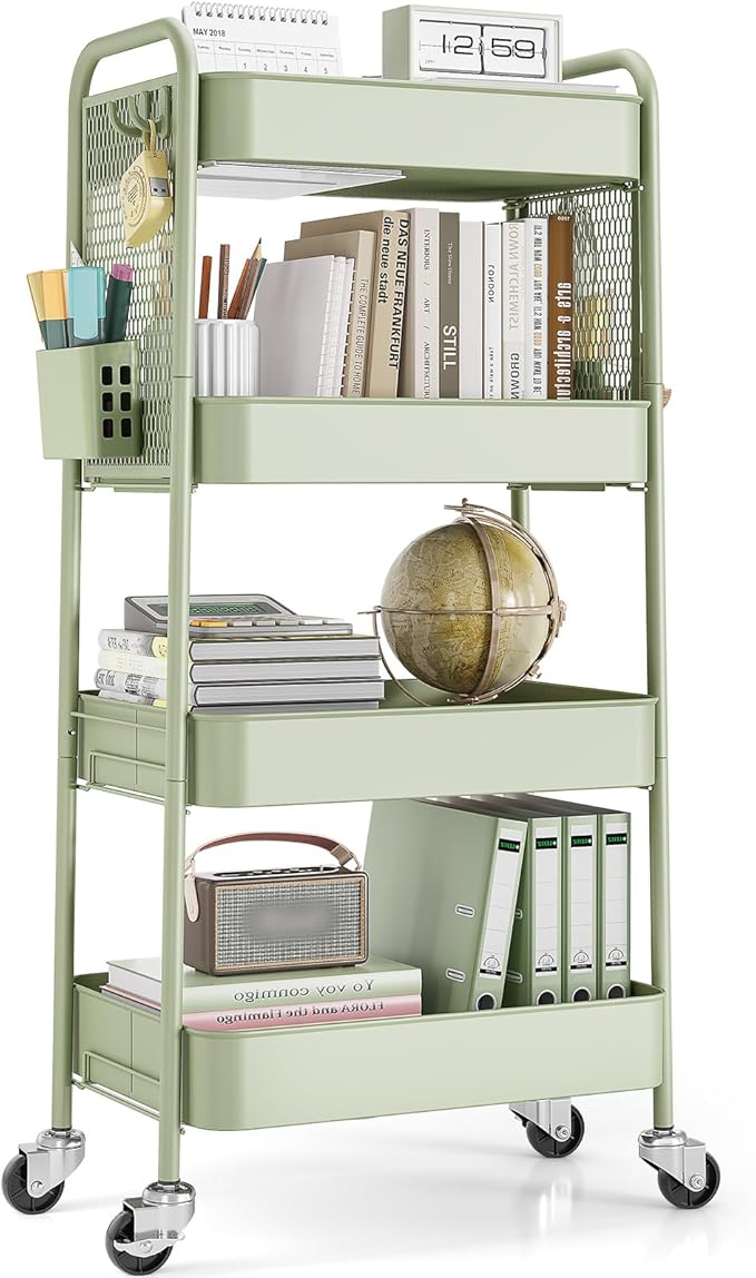 TOOLF 4 Tier Rolling Cart with Pegboard, Metal Storage Organizer Cart with Wheels, Hooks & Bins Esthetician Craft Art Sturdy Storage for Bathroom, Kitchen, Office, Nursery Diaper