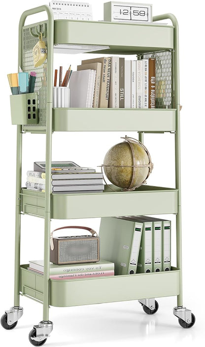 TOOLF 4 Tier Rolling Cart with Pegboard, Metal Storage Organizer Cart with Wheels, Hooks & Bins Esthetician Craft Art Sturdy Storage for Bathroom, Kitchen, Office, Nursery Diaper