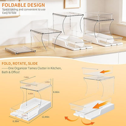 Attelite Pull Out Cabinet Organizer, 2 Tier Bathroom Counter Organizer with 180° Rotating and Foldable Design, Sliding Drawers Clear Spice Rack Organizer for Cabinet, Under Sink Organizer