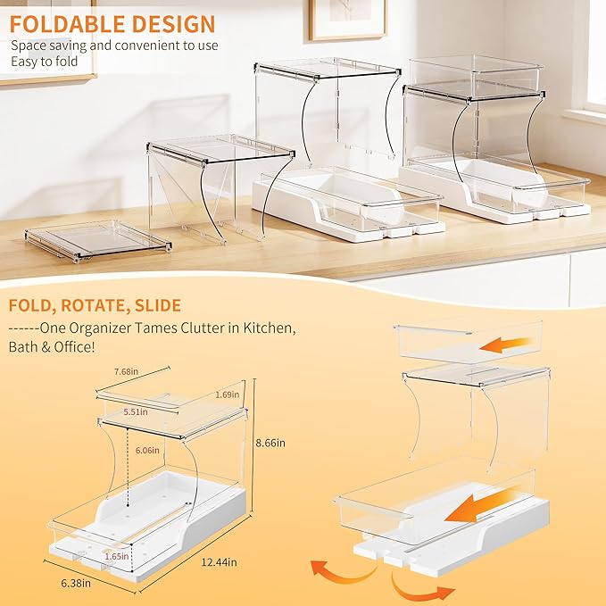 Attelite Under Sink Organizer,4 Pack 2 Tier Pull Out Cabinet Organizer with 180° Rotating & Foldable Design, Sliding Drawers for Kitchen & Bathroom Storage, Fits Under Sink, Pantry, Cabinet