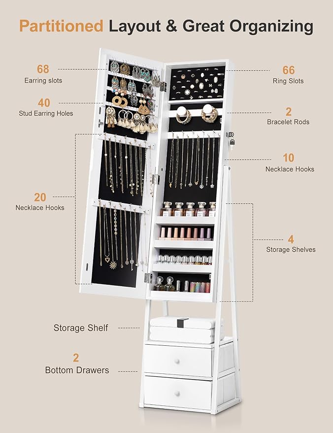 Nicetree Jewelry Cabinet Armoire with 2 Drawers, Lockable Standing Mirror Jewelry Cabinet, Full Length Mirror with Jewelry Storage, Christmas Gifts, White