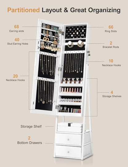 Nicetree Jewelry Cabinet Armoire with 2 Drawers, Lockable Standing Mirror Jewelry Cabinet, Full Length Mirror with Jewelry Storage, Christmas Gifts, White