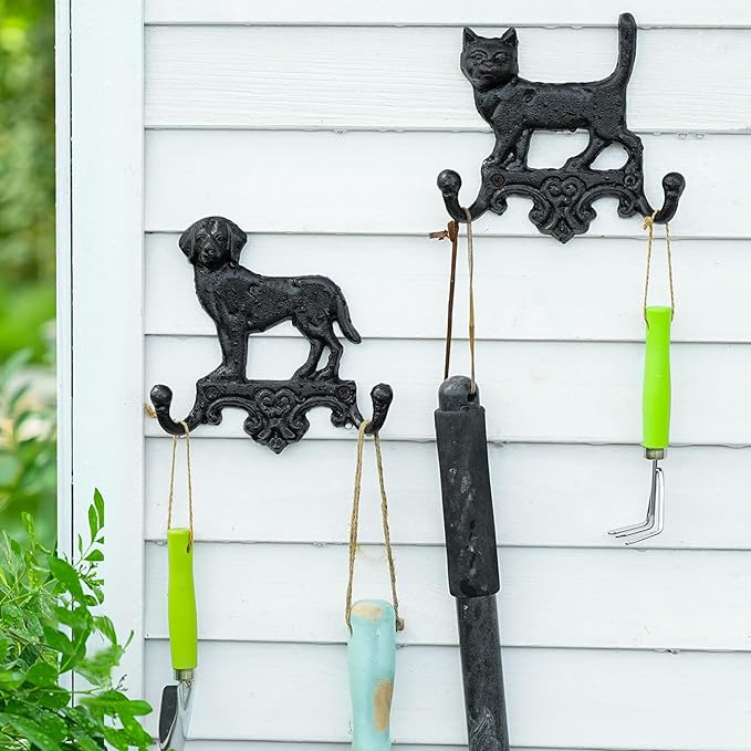 Sungmor Cast Iron Vintage Cat Wall Hooks, Decorative Wall Mounted Coat Hooks, Rustic Heavy Duty Double Hooks Cute Animal Key Hangers for Dog Leashes, Towels, Hats