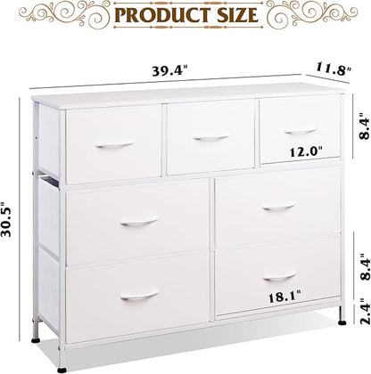 WLIVE 7 Drawer Dresser TV Stand, Dressers for Bedroom, Fabric Storage Tower, Hallway, Entryway, Closets, Sturdy Steel Frame, Wood Top, Easy Pull Handle, White