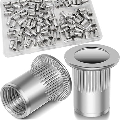 8-32 UNC Rivet Nut, 100Pcs 304 Stainless Steel Flat Head Rivnut Threaded Insert Nutsert